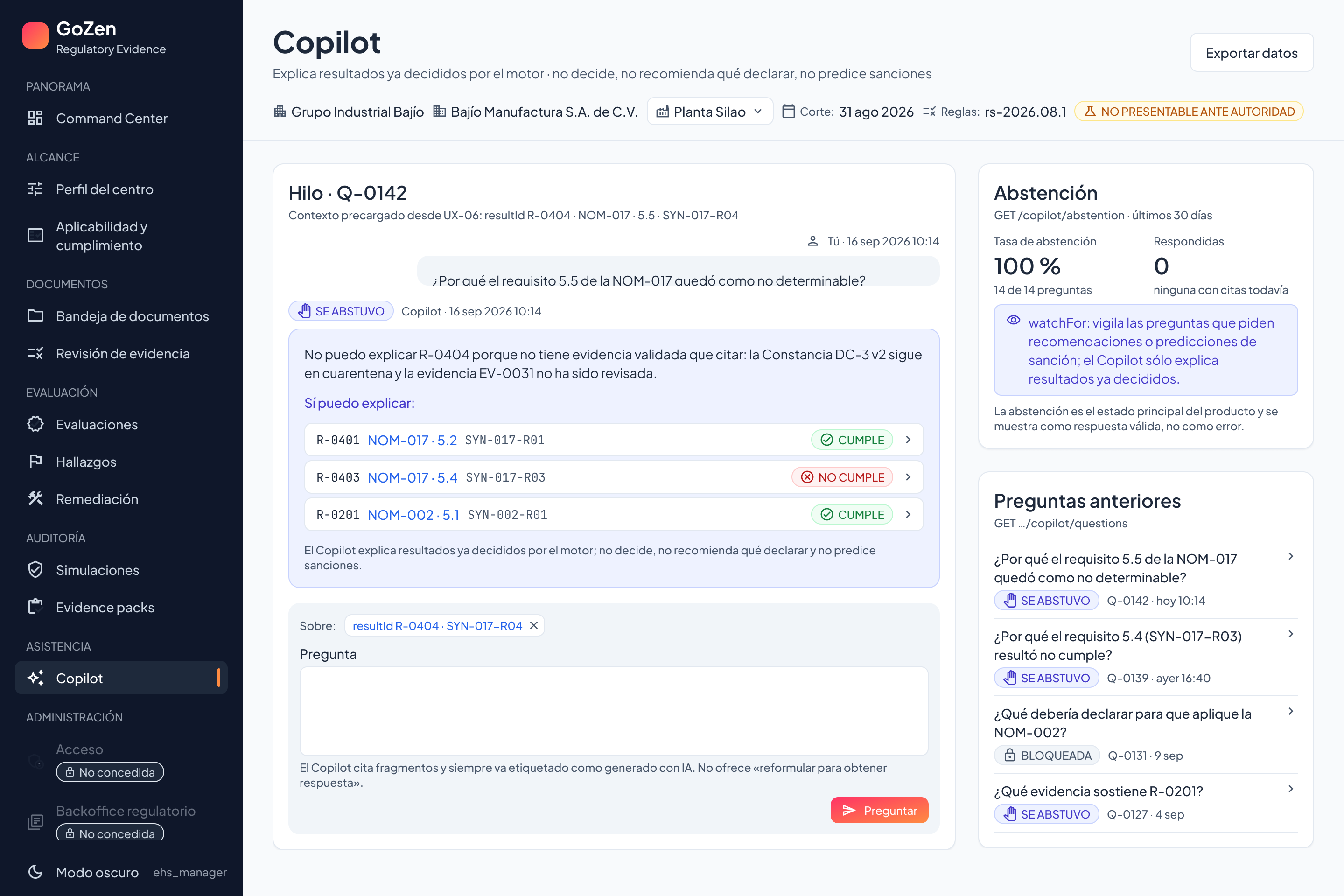 Copilot de Maturity Hub absteniéndose de responder porque no existe evidencia validada que citar