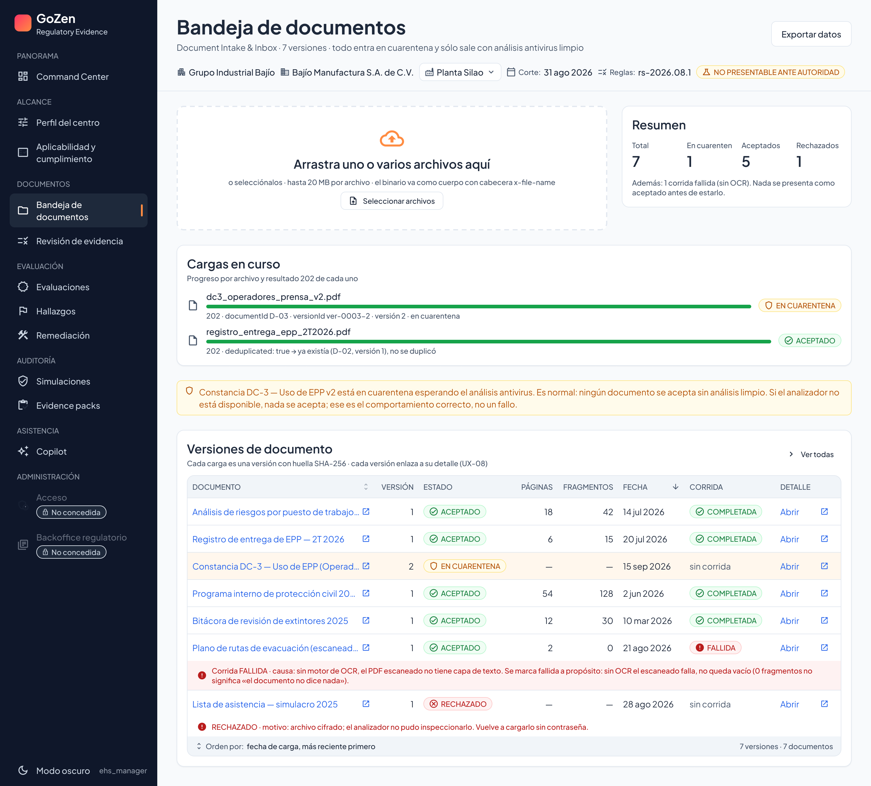 Bandeja de documentos de Maturity Hub con cuarentena, versiones y revisión antivirus