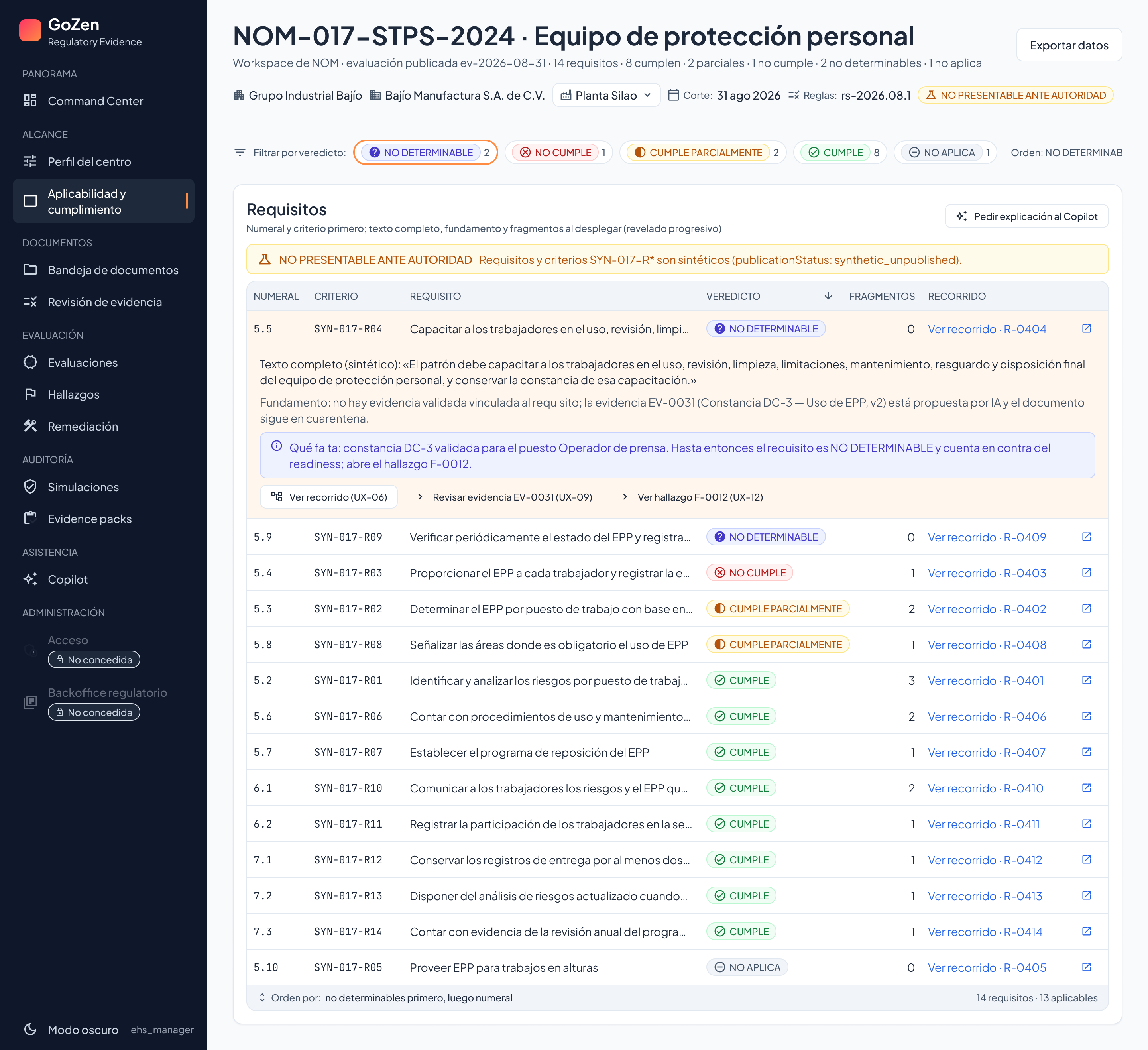 Requisitos de la NOM-017 en Maturity Hub con veredictos, fundamento, evidencia y recorrido